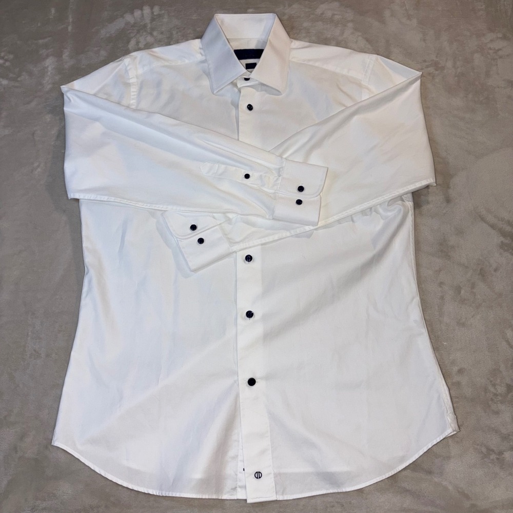 David Donahue Mens White Trim Fit Dress Shirt Spread Collar 16 32/33 Cotton
